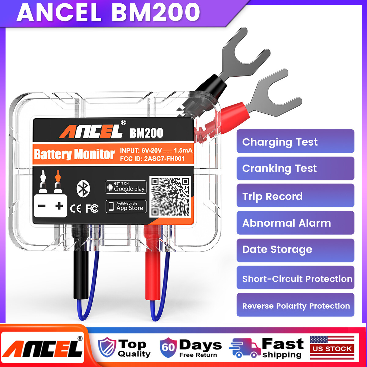 ANCEL BM200 Car 12V Battery Tester Battery Health Monitor Cranking Charging Test
