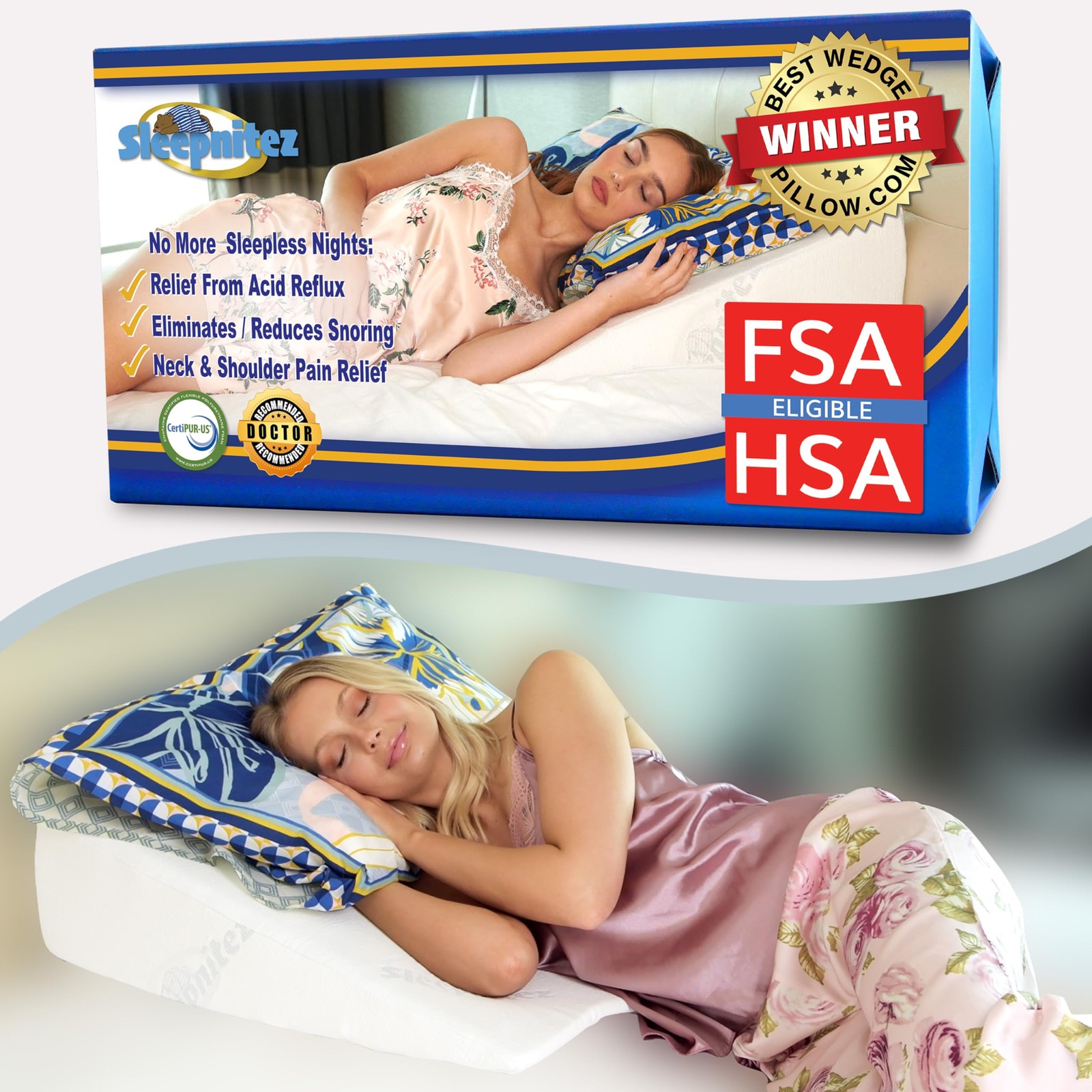 Fsa Eligible 8" Bed Wedge Pillow â€“ Memory Foam Wedge for Sleeping, Acid Reflu