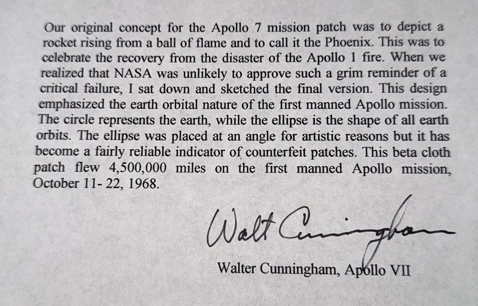 Apollo 7 flown beta cloth patch - Walt Cunningham COA