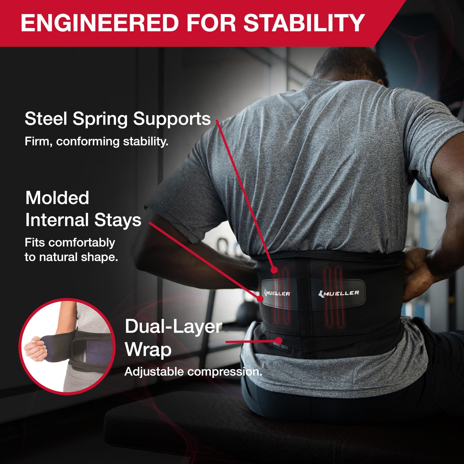MUELLER Sports Medicine Adjustable Lumbar Back Brace, Lower Regular, Black