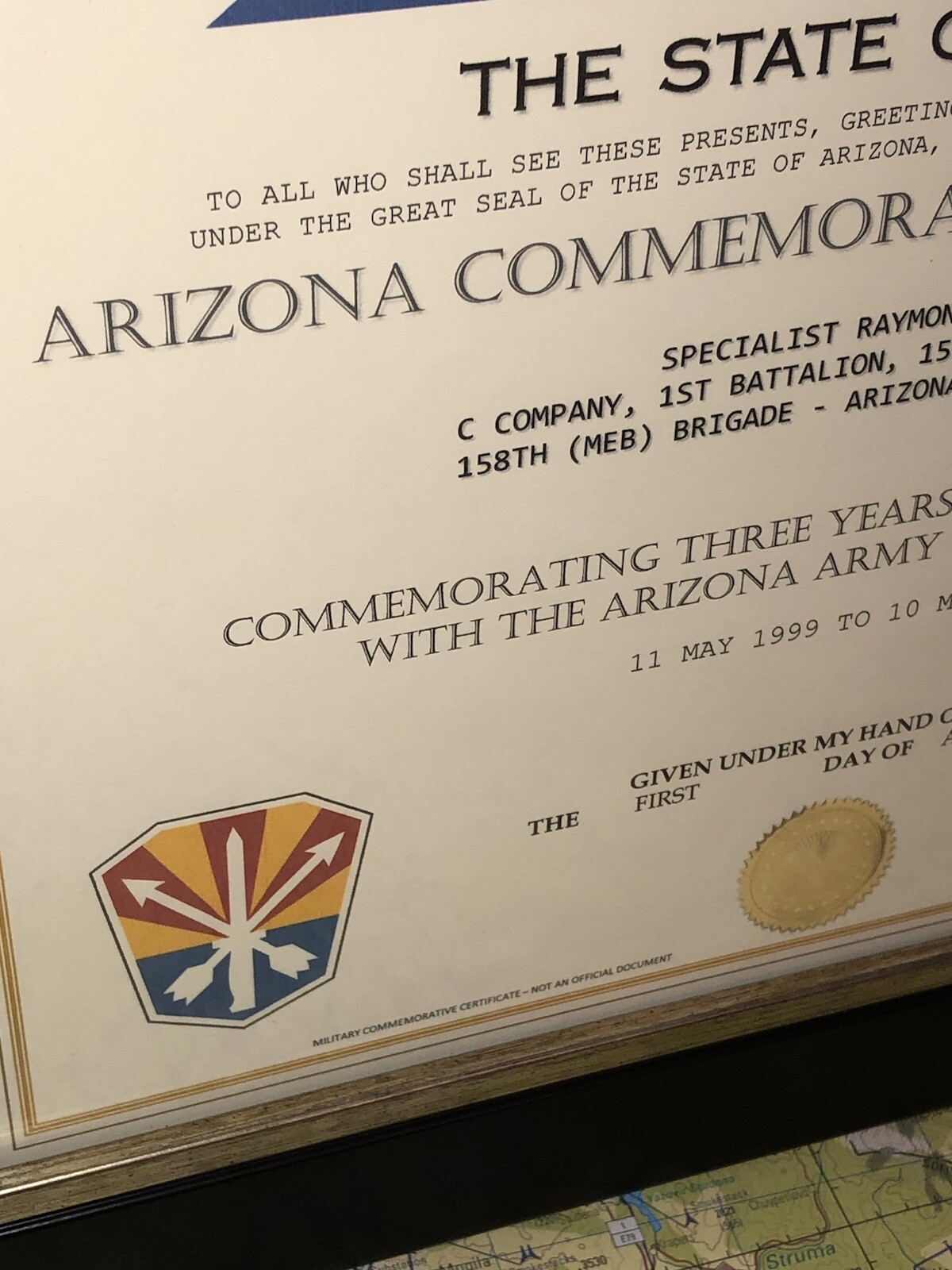 ARIZONA NATIONAL GUARD - COMMEMORATIVE SERVICE RIBBON CERTIFICATE