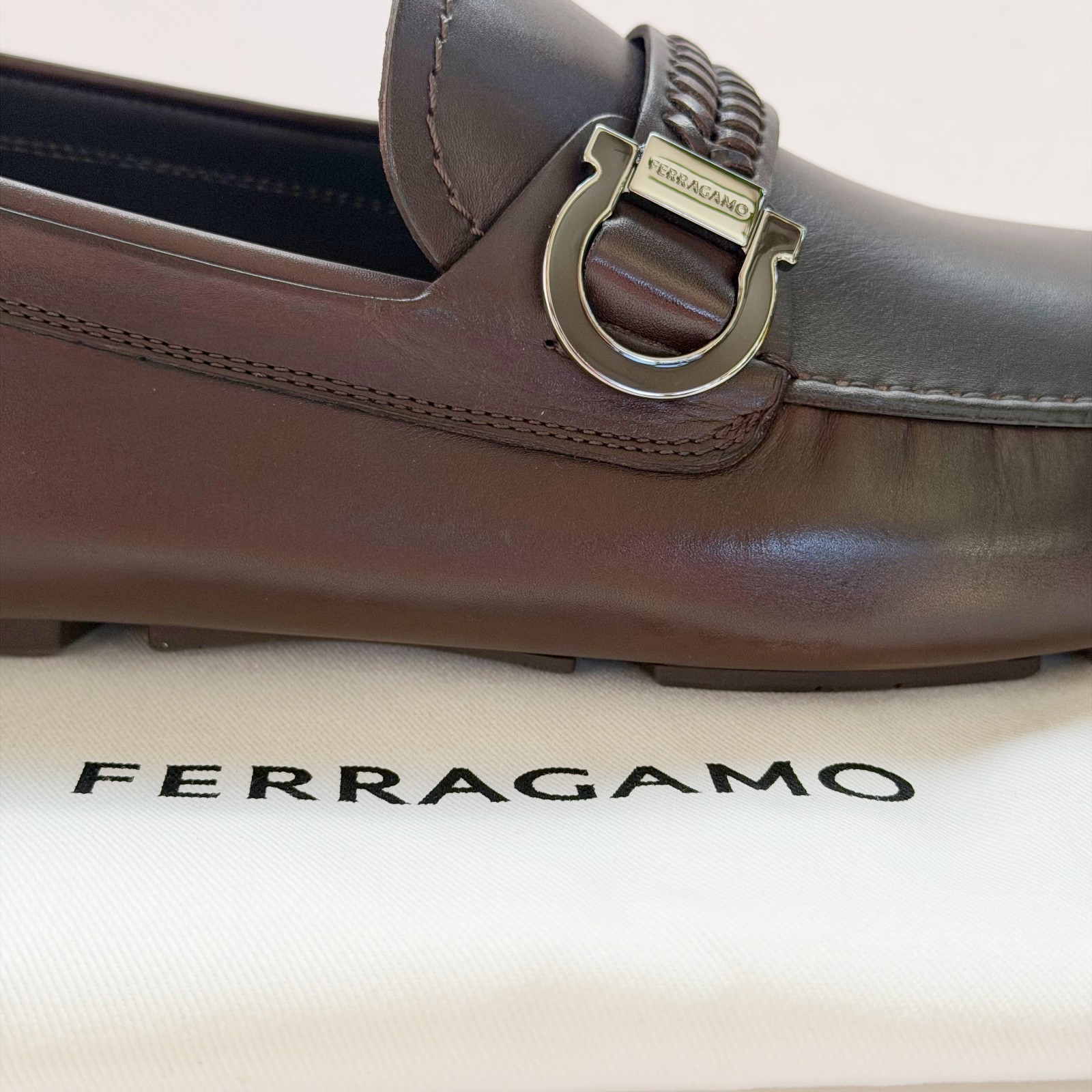 Ferragamo Loafers Calipso Gancini Dark Brown Leather Men's Driver Dress Moccasin