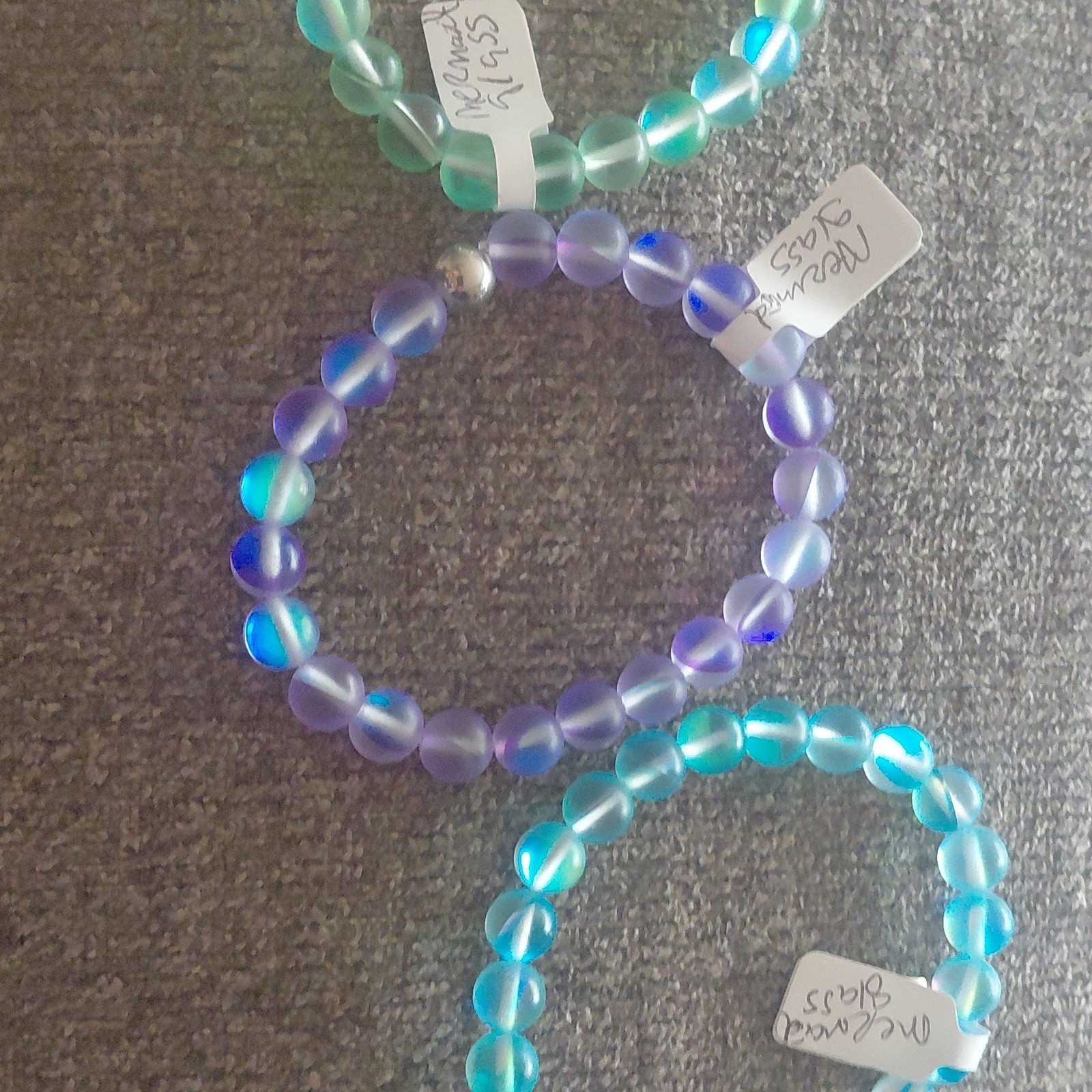 Slset of 3 stackable colors Mermaid Glass Beaded Stretch Bracelet Round Unisex