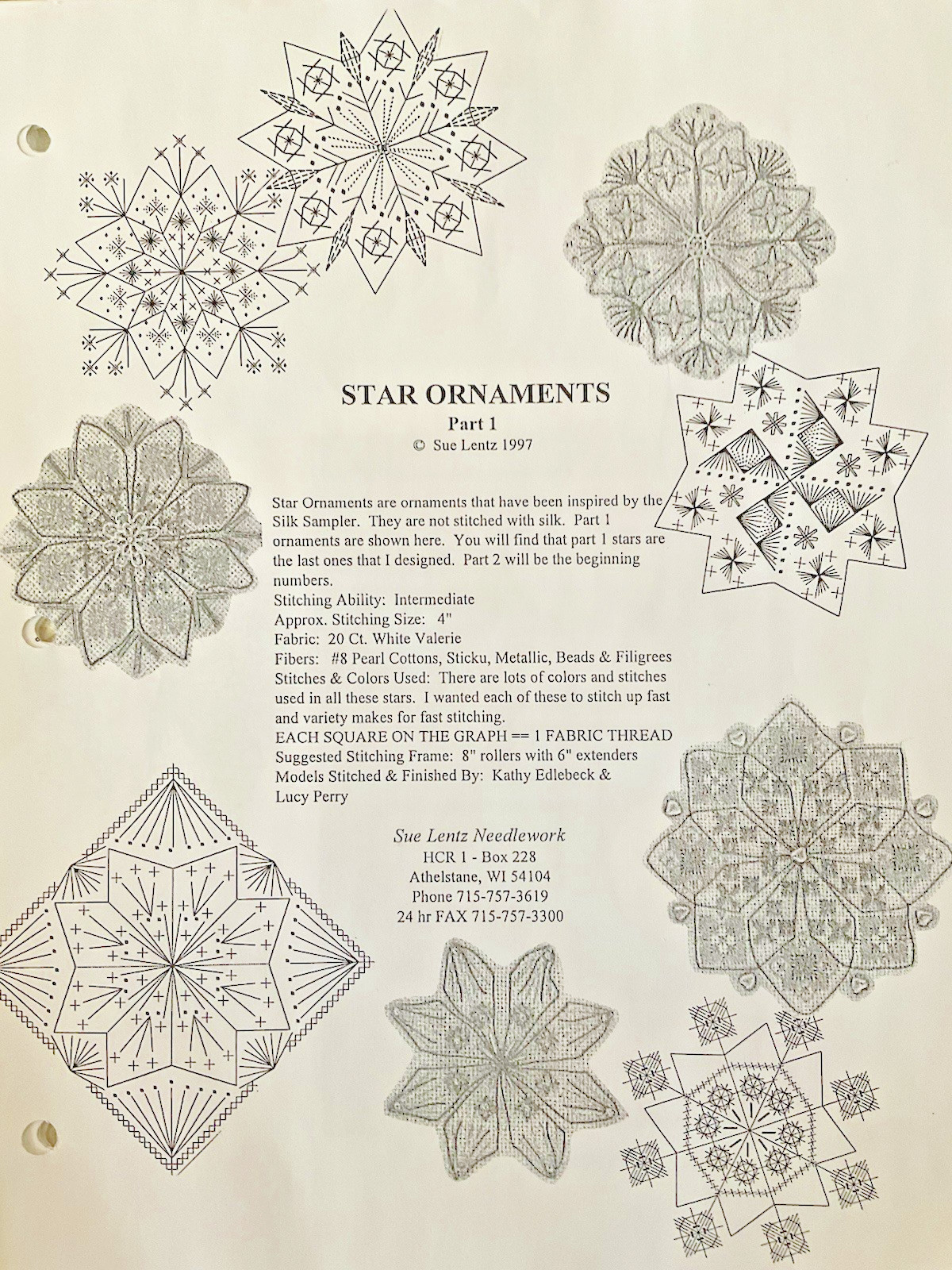 Sue Lentz Cross Stitch Charts Star Ornaments Lot of 5 with 9 Designs New