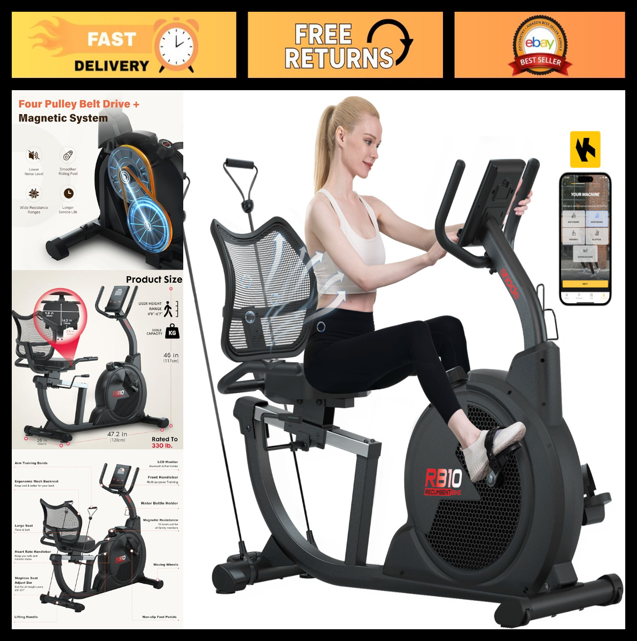 Magnetic Recumbent Exercise Bike for Home - LCD Monitor, Large Seat Cushion, 330