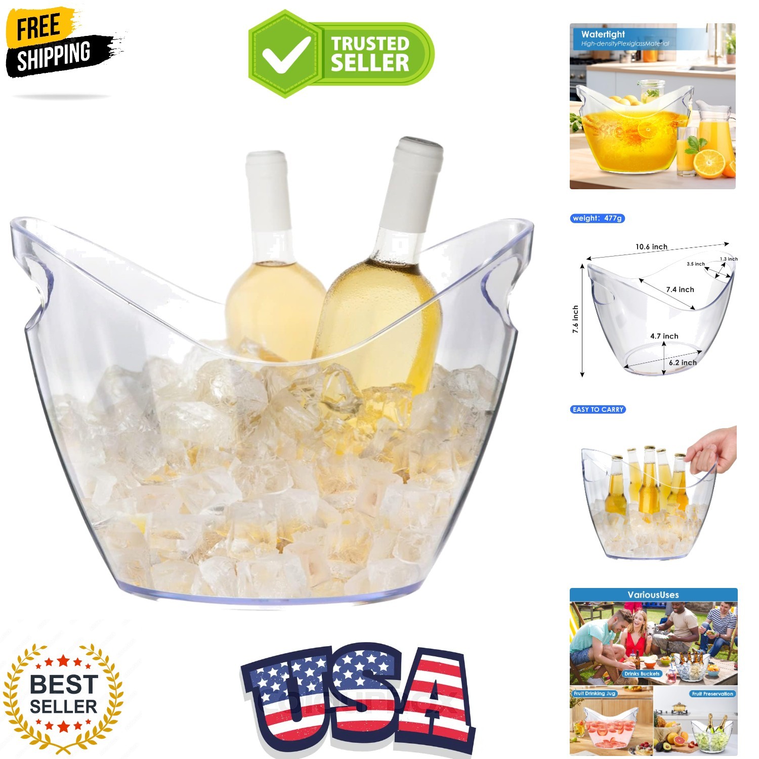 Ice Bucket Wine Bucket，Clear Acrylic 4 Liter Plastic Tub for Drinks and Parti...