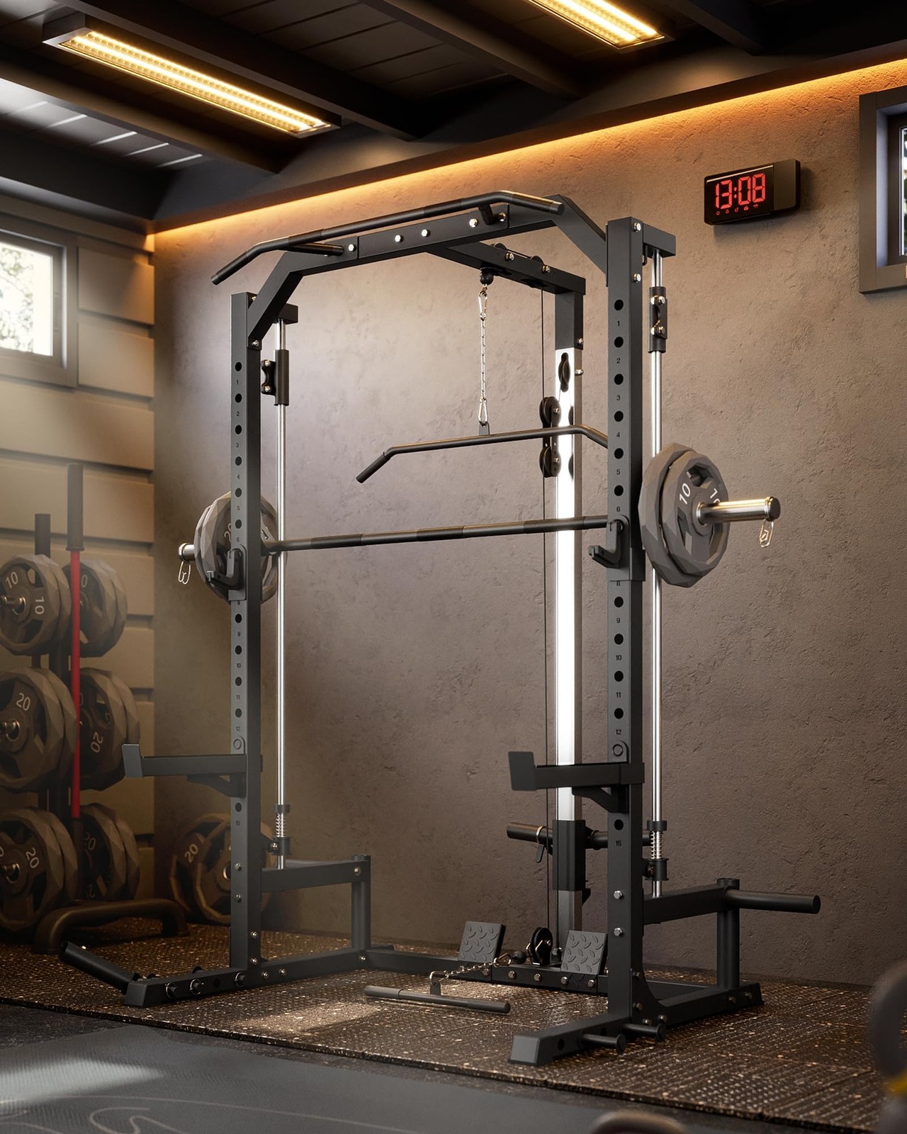 Smith Machine Power Cage w/ Barbell Bar, Cable System, LAT Pulldown for Home Gym
