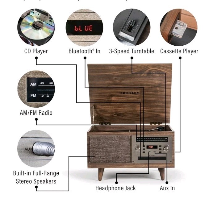 Crosley Serenade 8-in-1 Multi-Format Record Player with Bluetooth, 3-Spd Phono