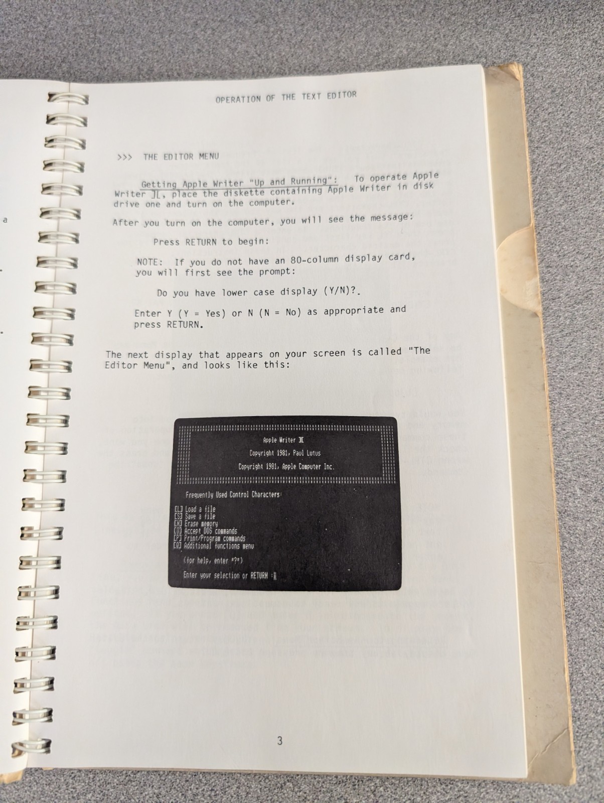 Original spiral-bound Apple Writer ][ Operating Manual (1981)