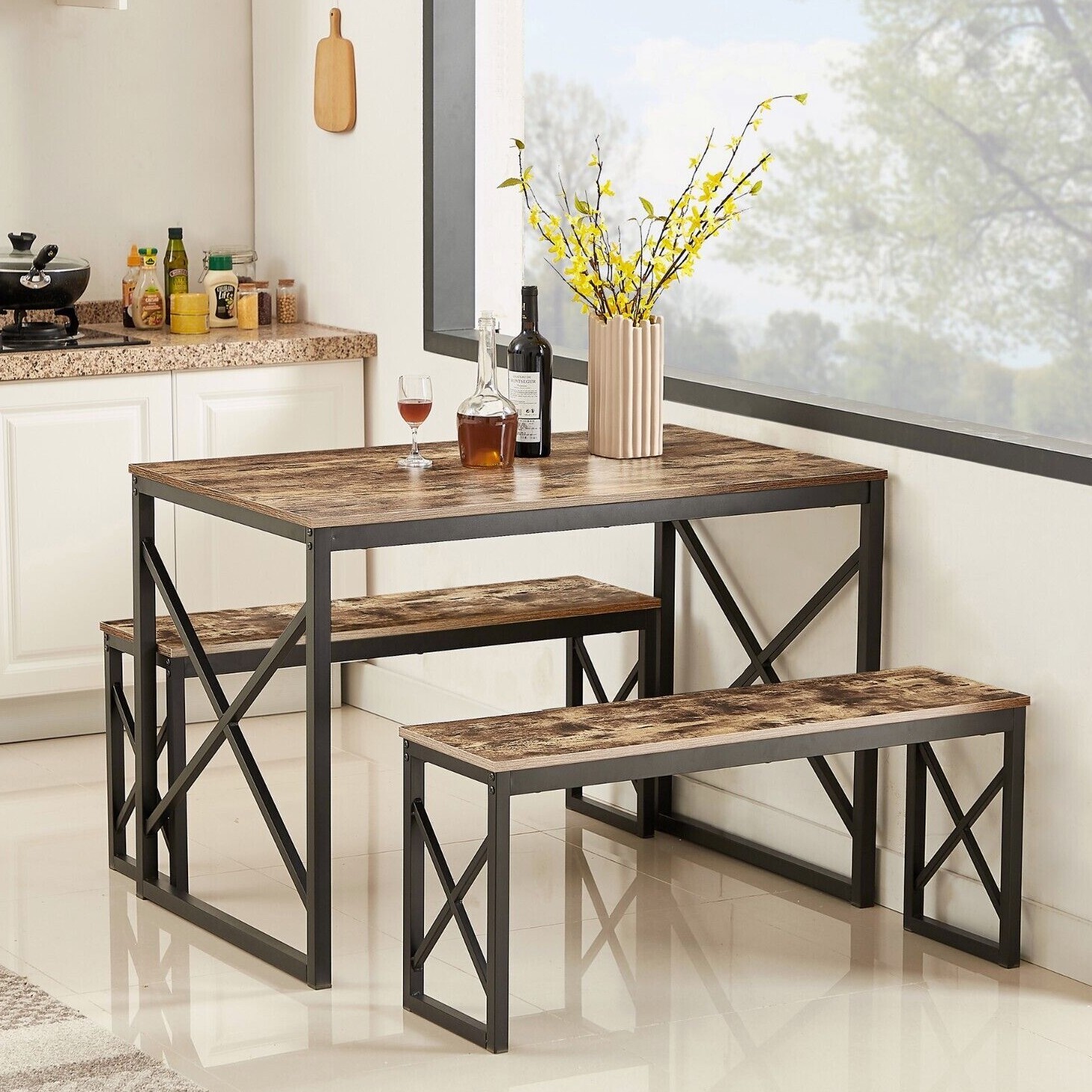 Wood Dining Table Set for 4 with Bench Kitchen Table Breakfast Table Furniture