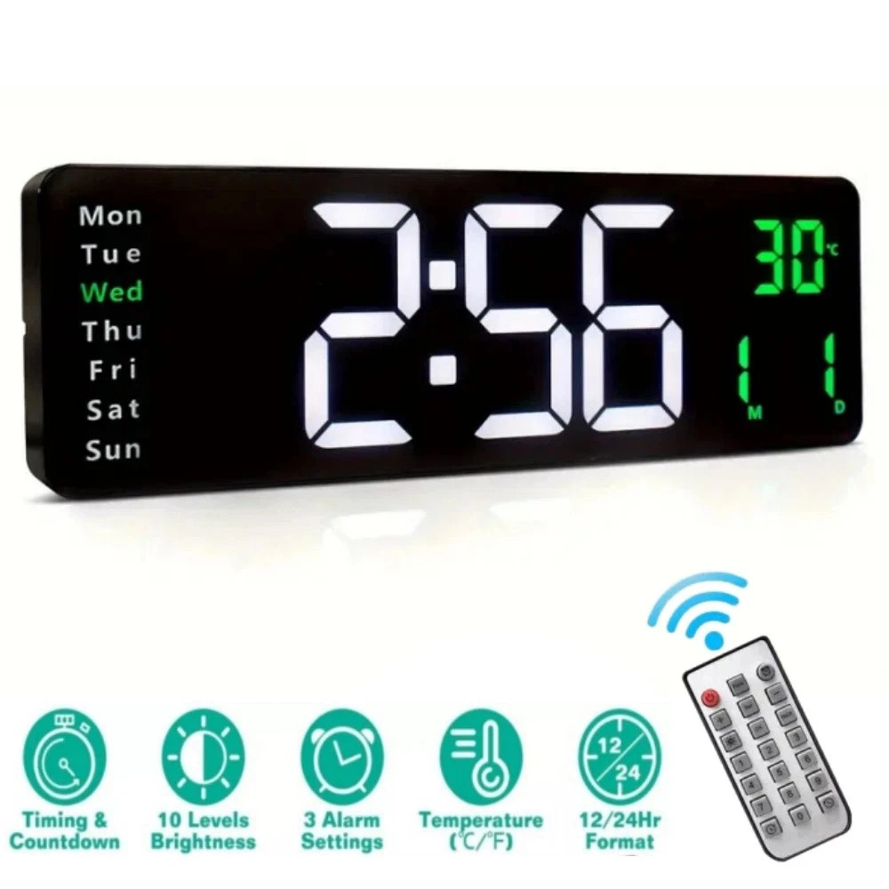 16" Large LED Digital Wall Clock Green Brightness Adjustment Dual Alarm Clock US