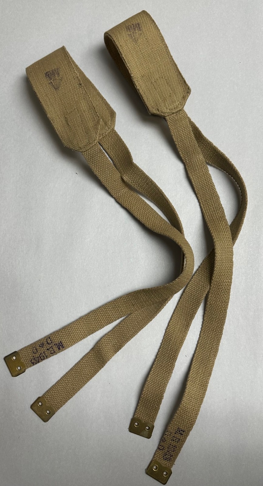 LOT OF 2 BRITISH WWII DATED KHAKI CANVAS SHOULDER STRAP 46" LONG.
