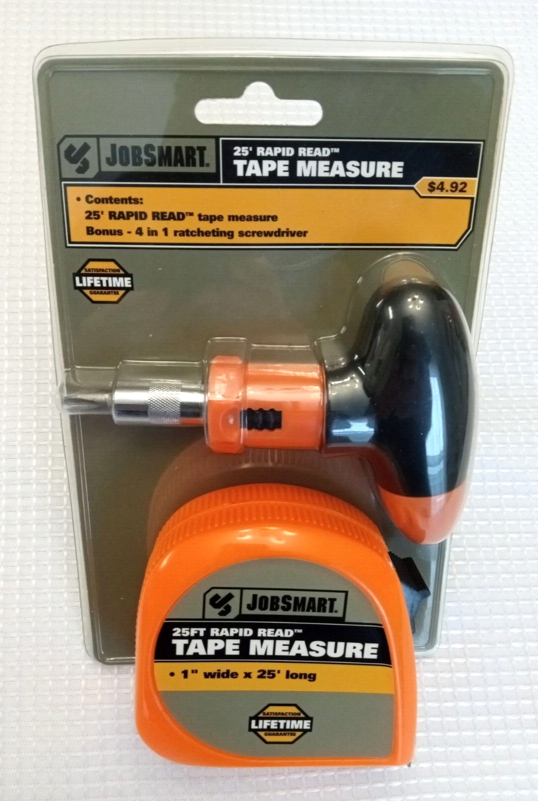 JobSmart 25 Foot Rapid Read Tape Measure & Bonus 4 in 1 Ratcheting Screwdriver