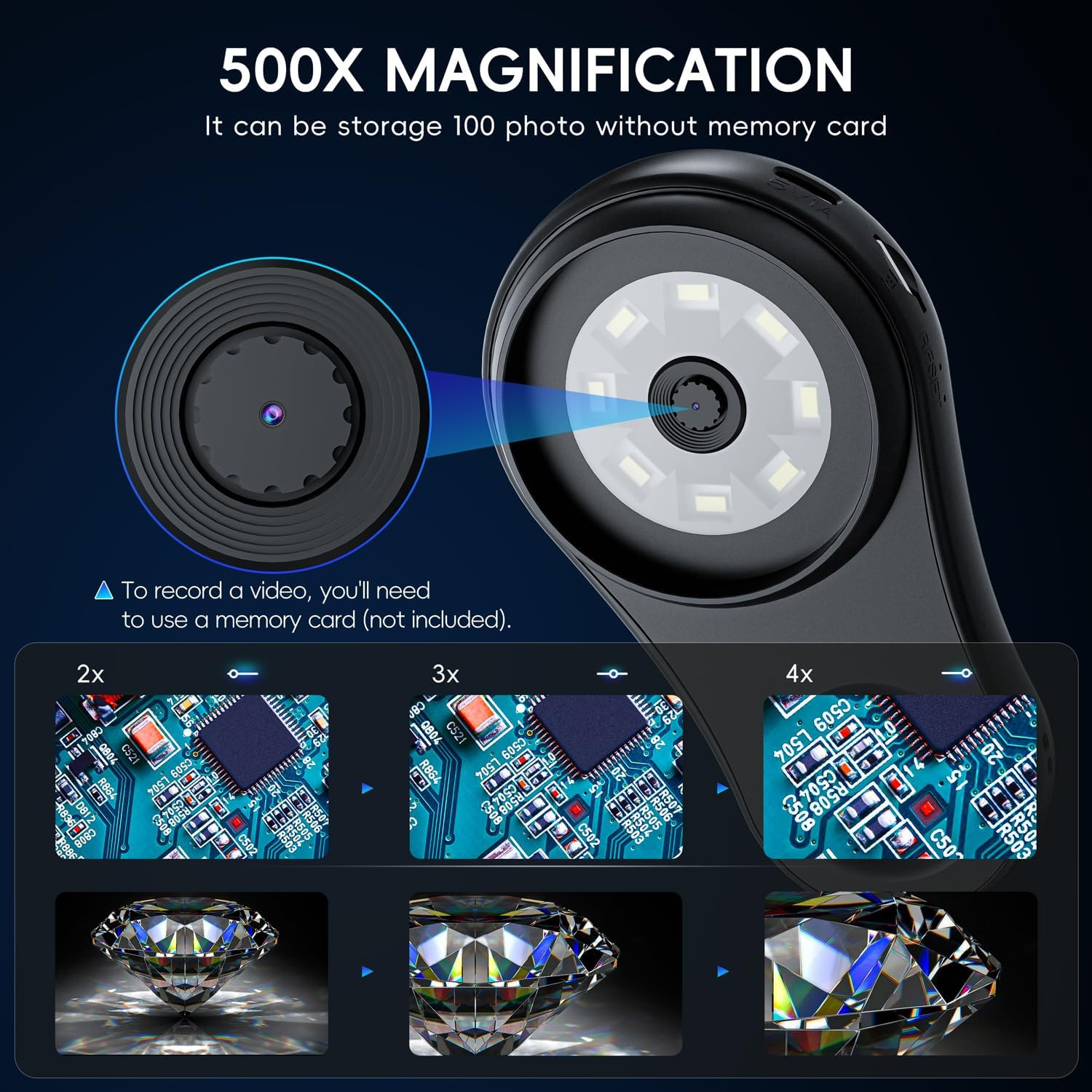 Macro Handheld Digital Microscope Fixed Focus, SKYBASIC 2" IPS Screen 500X Mini