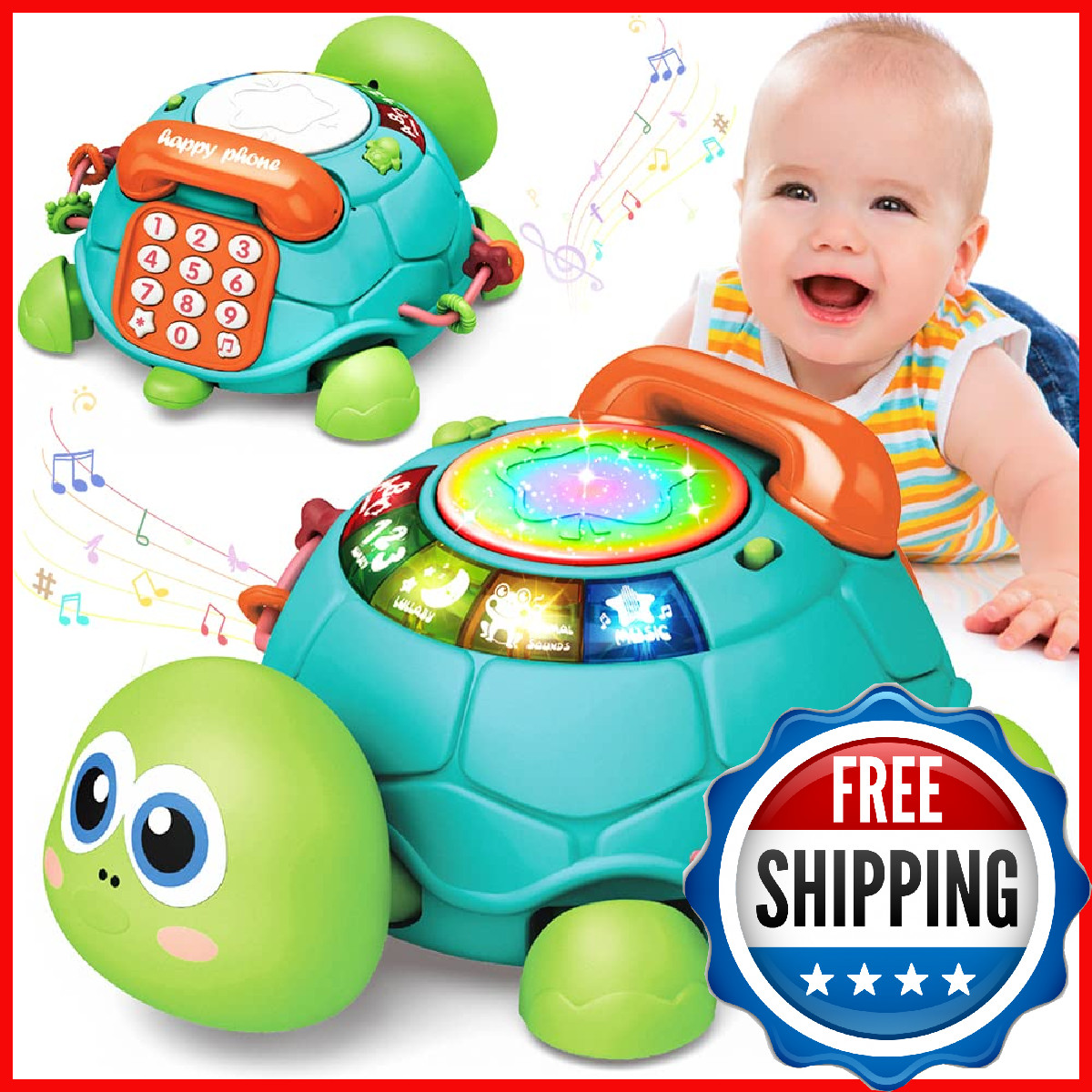 Jyusmile Musical Crawling Turtle Baby Toy 6-12 Months Early Learning Light & Sou