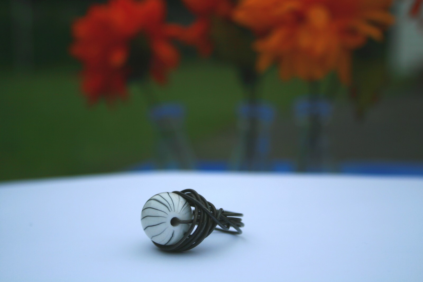 Large Wire Wrap Statement Ring, White Black Striped 'Marble' Charm, Size 8, NEW