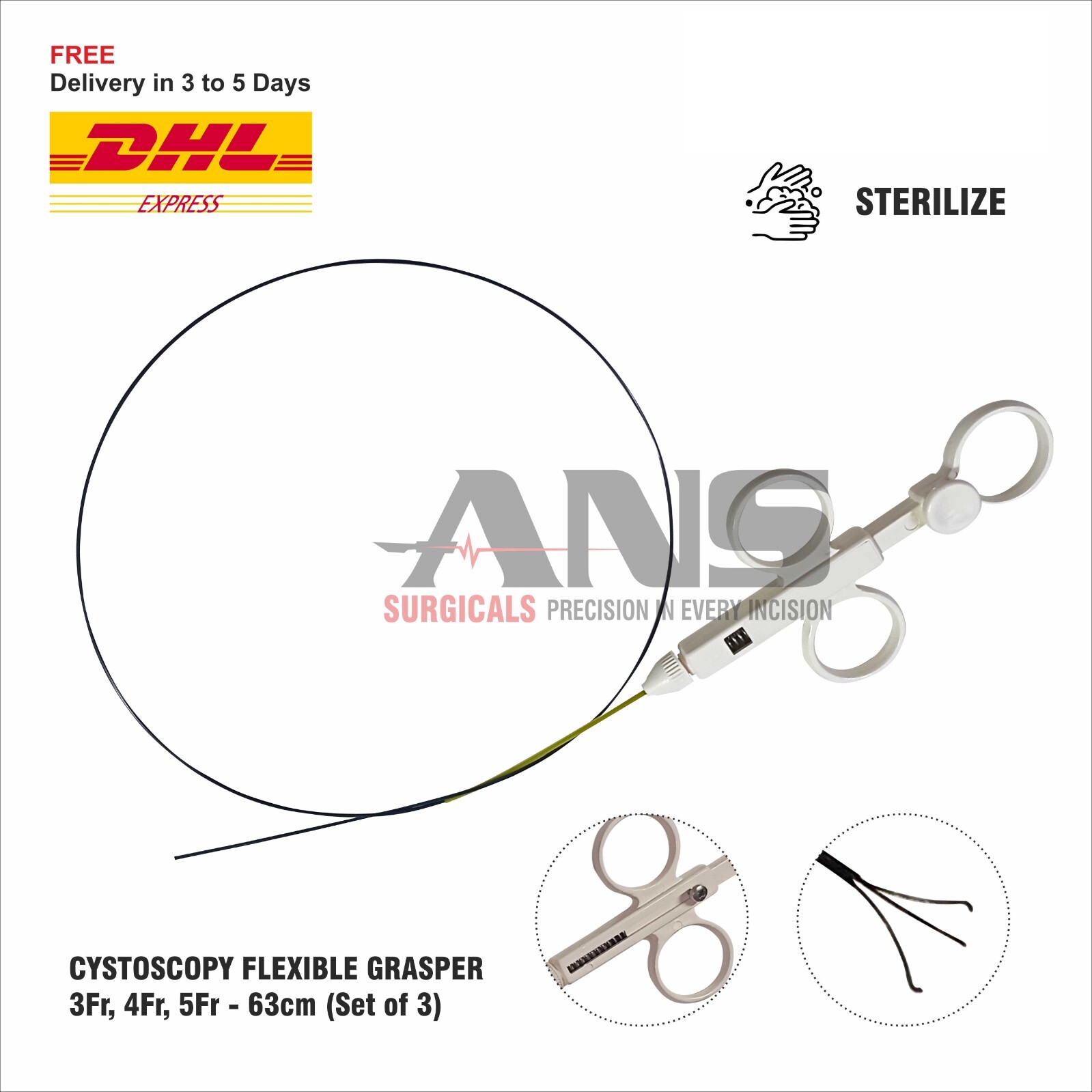ANS  Cystoscopy Flexible Grasper 3fr, 4fr, 5fr / 63cm (Set of 3)