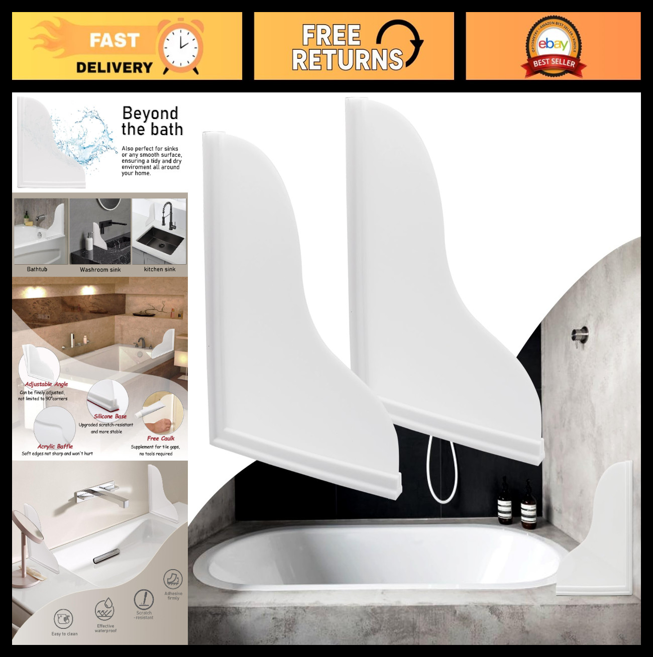 Waterproof Shower Splash Guard Kit - Large Self-Adhesive Corner Guards, 2 Pack