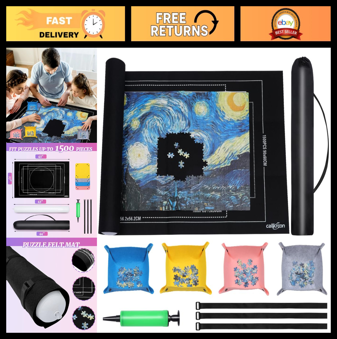 Puzzle Roll Up Mat Set for 500-1500 Piece Puzzles, Soft Felt, Portable Travel Gi