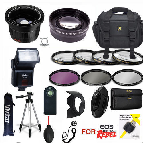 CANON EOS REBEL T3 T3I T5 SL1 COMPLETE PRO HD KIT TRIPOD FLASH LENSES FILTERS