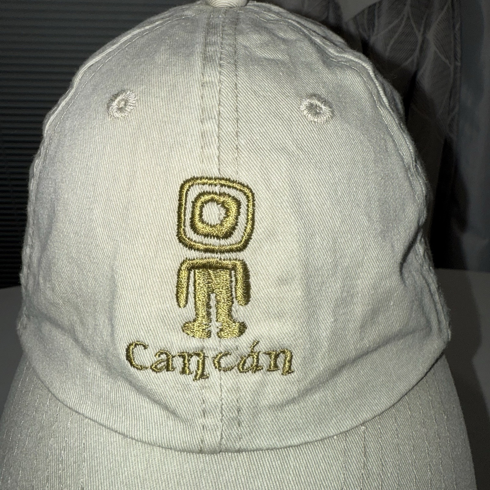 Cancun with Guy Logo in Gold on Tan Cotton Hat Cap Hook Loop EUC