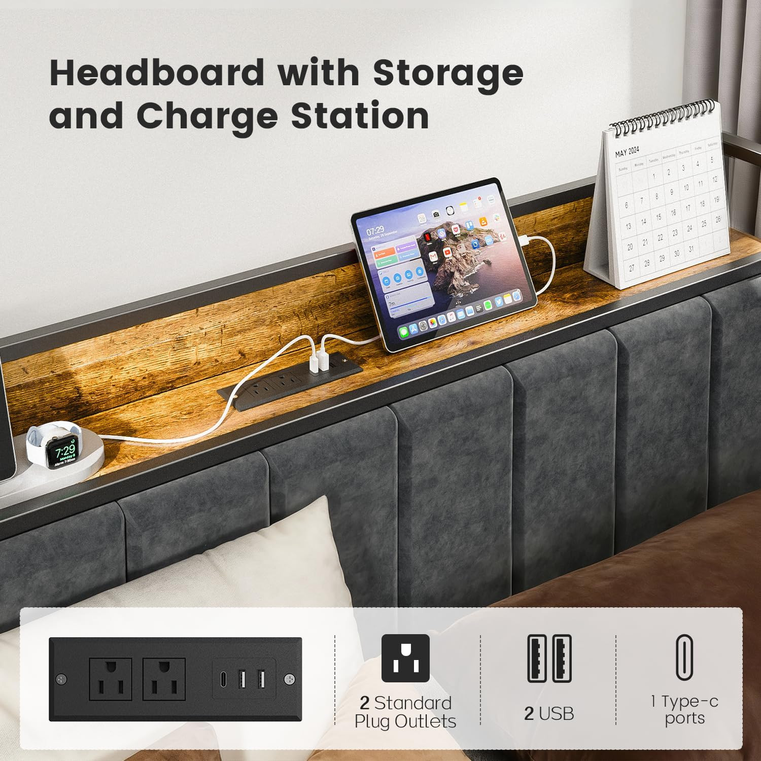 PROTEA Queen Size Bed Frame with LED Lights and Charging Station, Upholstered St