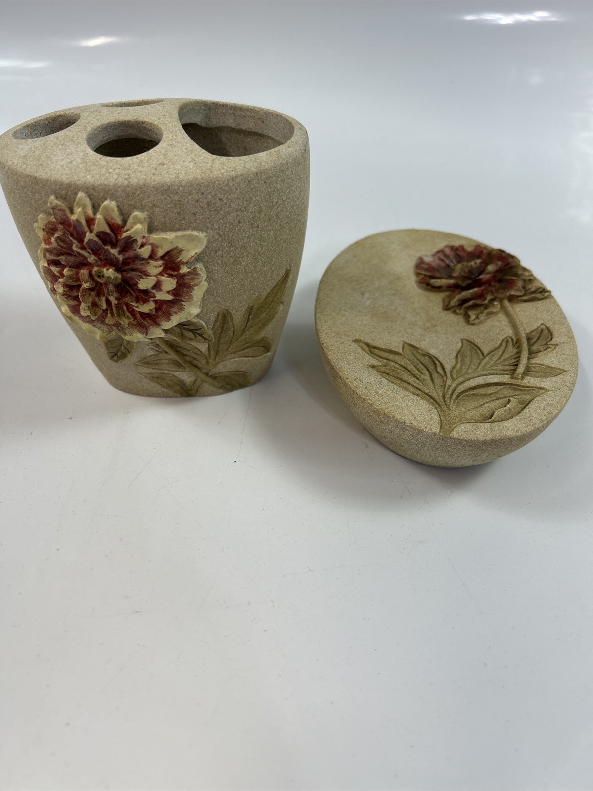 Vintage Ceramic Bathroom Toothbrush Holder and Soap Dish w/Floral Design