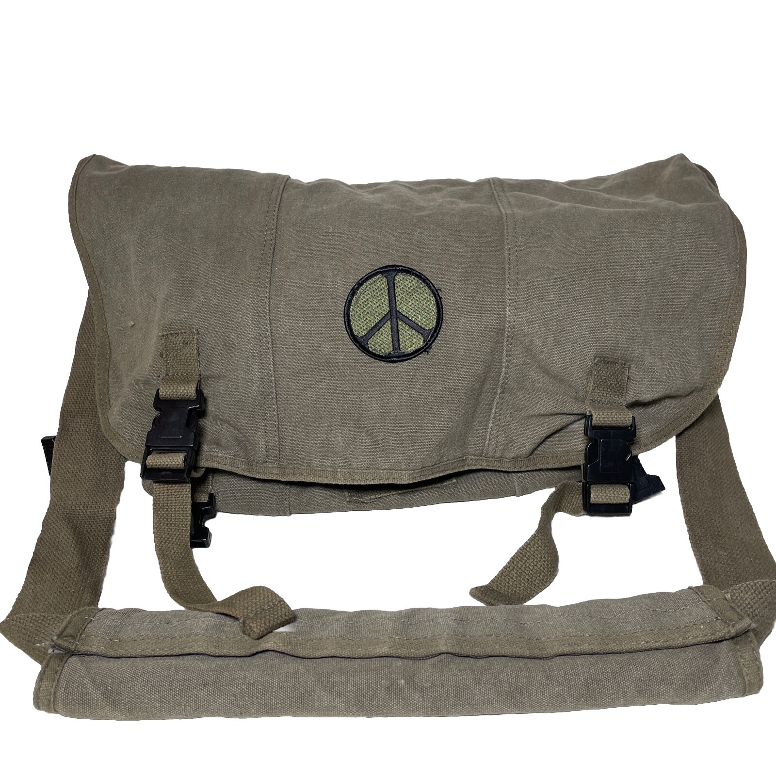 Vintage Olive Drab Messenger Shoulder Bag with Peace Sign Patch on the Front