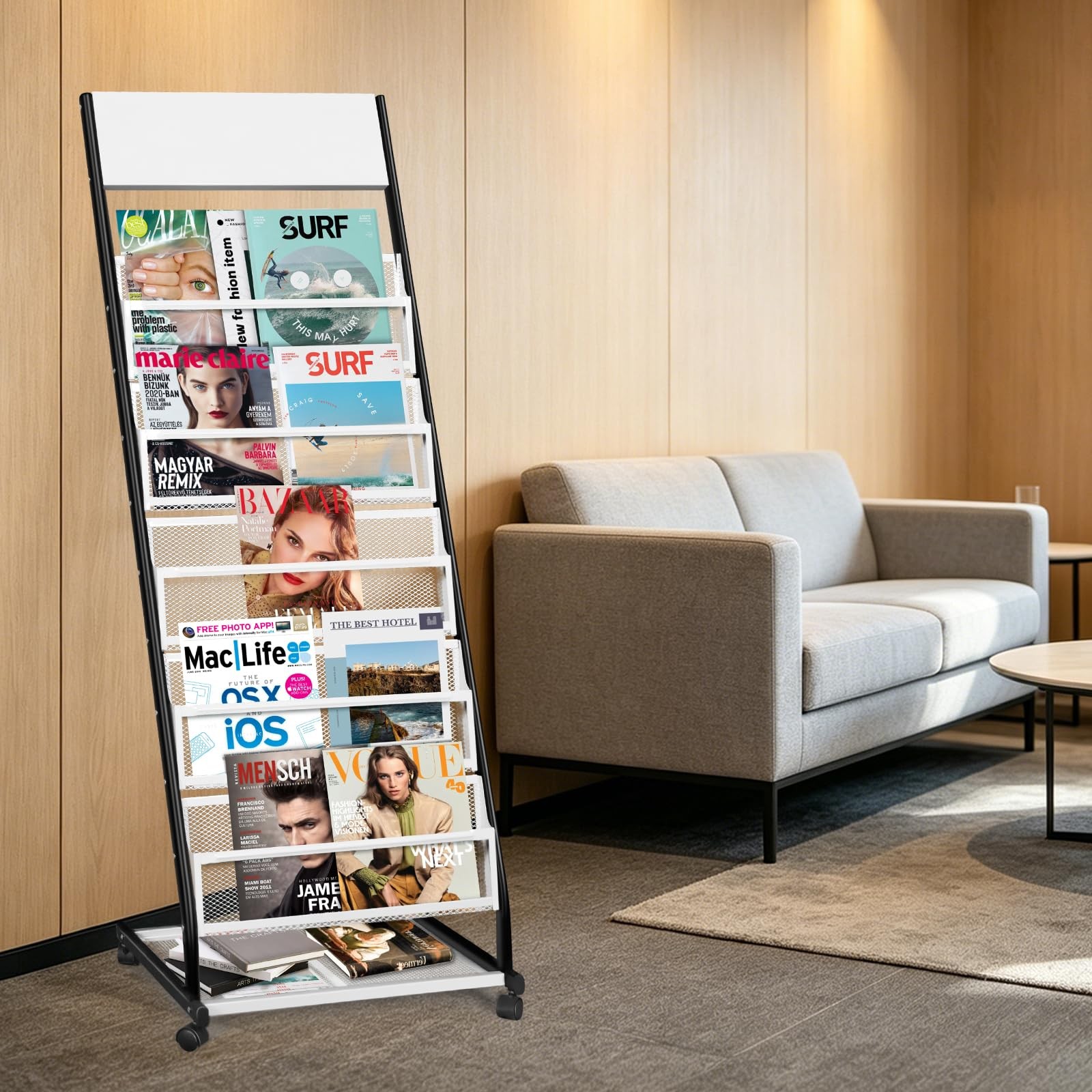 Xidihf Floor Standing Magazine Rack 5 Layer Wheels Brochure Display Stand Large