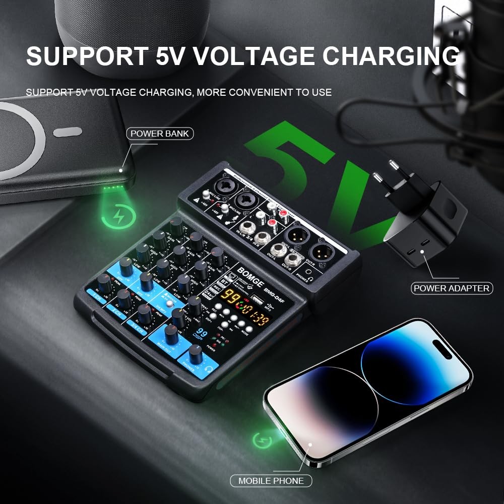 BOMGE 4 Channel mini DJ Audio Sound Mixer Interface with MP3 USB, Bluetooth, St