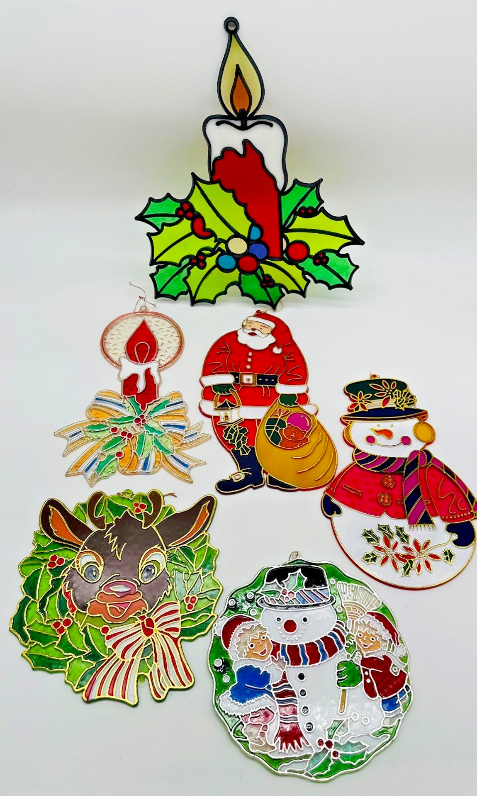 Vintage 6 Hanging Christmas Suncatcher Ornaments Candle Snowman Santa Reindeer