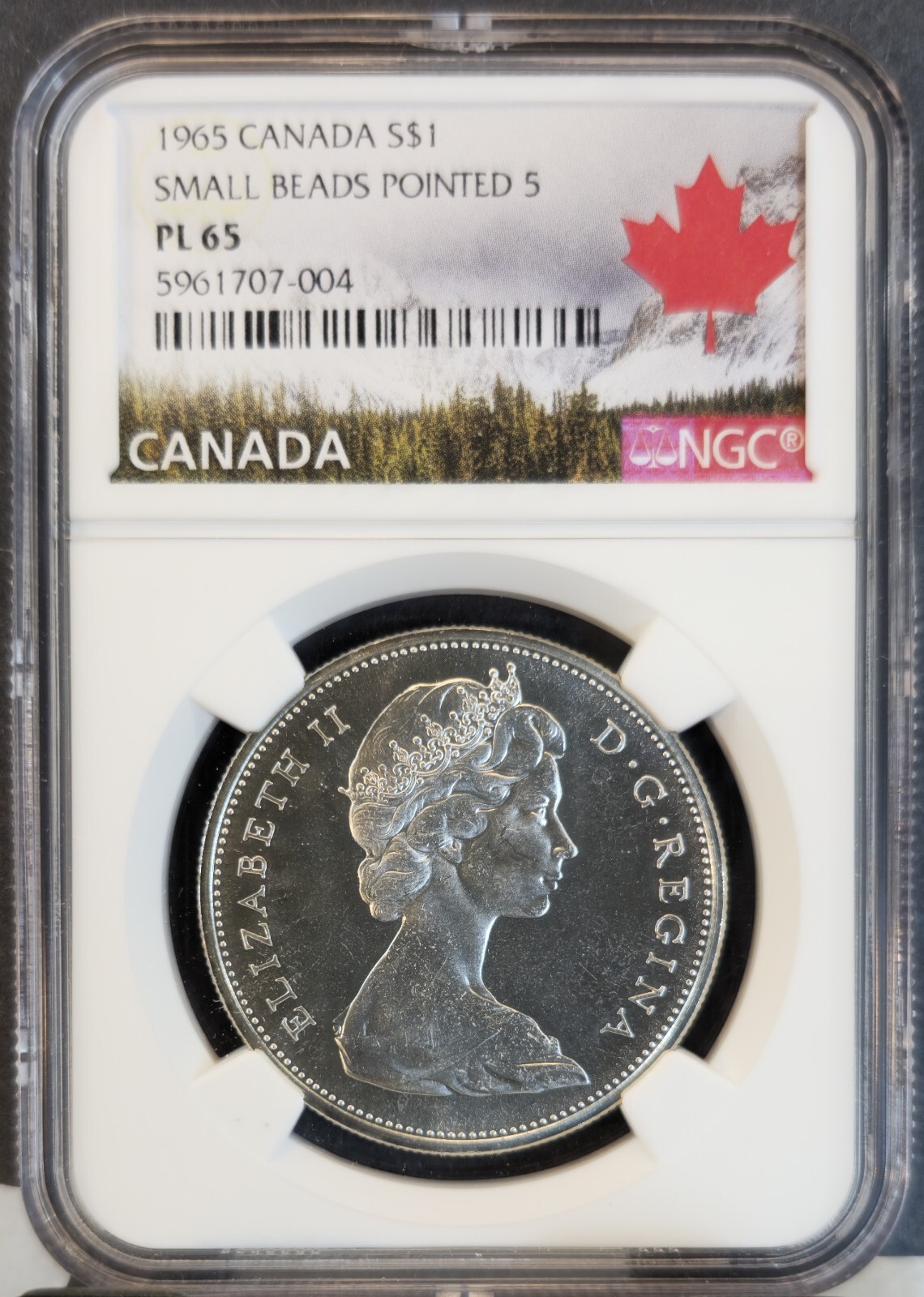 1965 CANADA SILVER 1 DOLLAR S$1 SMALL BEADS POINTED 5 NGC PL 65