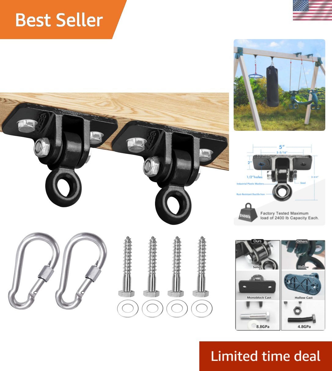 2400 lb Capacity Heavy Duty Swing Hangers for Wooden Sets Playground Porch In...