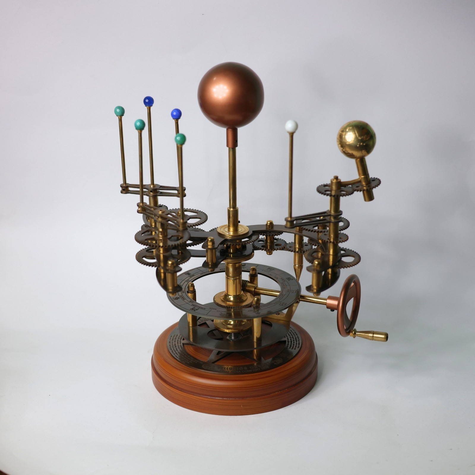 Antiqued Brass Orrery Mechanical Planetarium Model — Hand-Crank Wooden Base