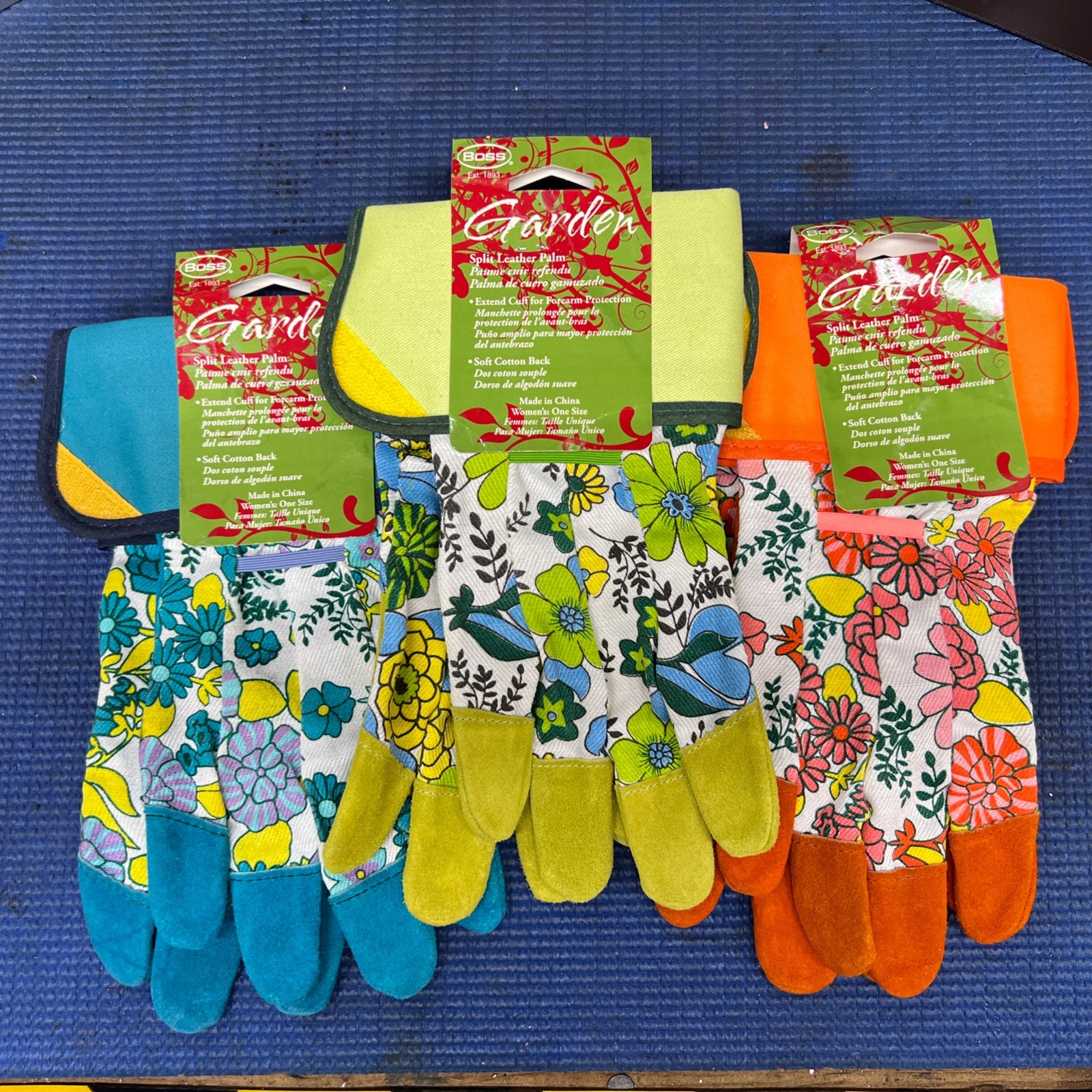 PA5- Three Pair Boss Fold up Cuff Split Leather Palm Gloves Floral