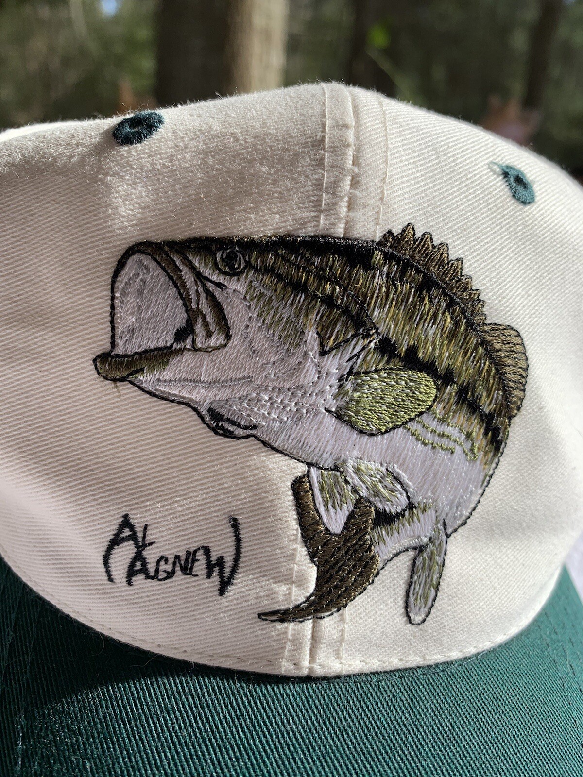 Vintage Al Agnew Cap Hat Signed Large Mouth Bass Fishing Fish White Snap Back