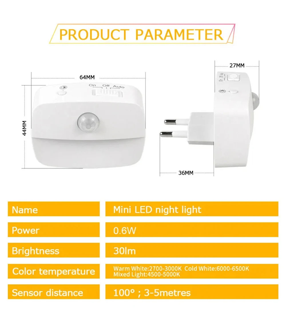 LED Night Light EU Plug In Smart Motion Sensor Light 220V Wall Lamp for Home...