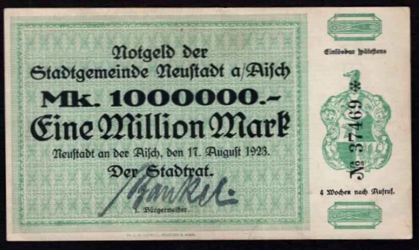 GERMANY - Neustadt/Aisch 1 Million Mark 17-8-23 Notgeld Ch AU
