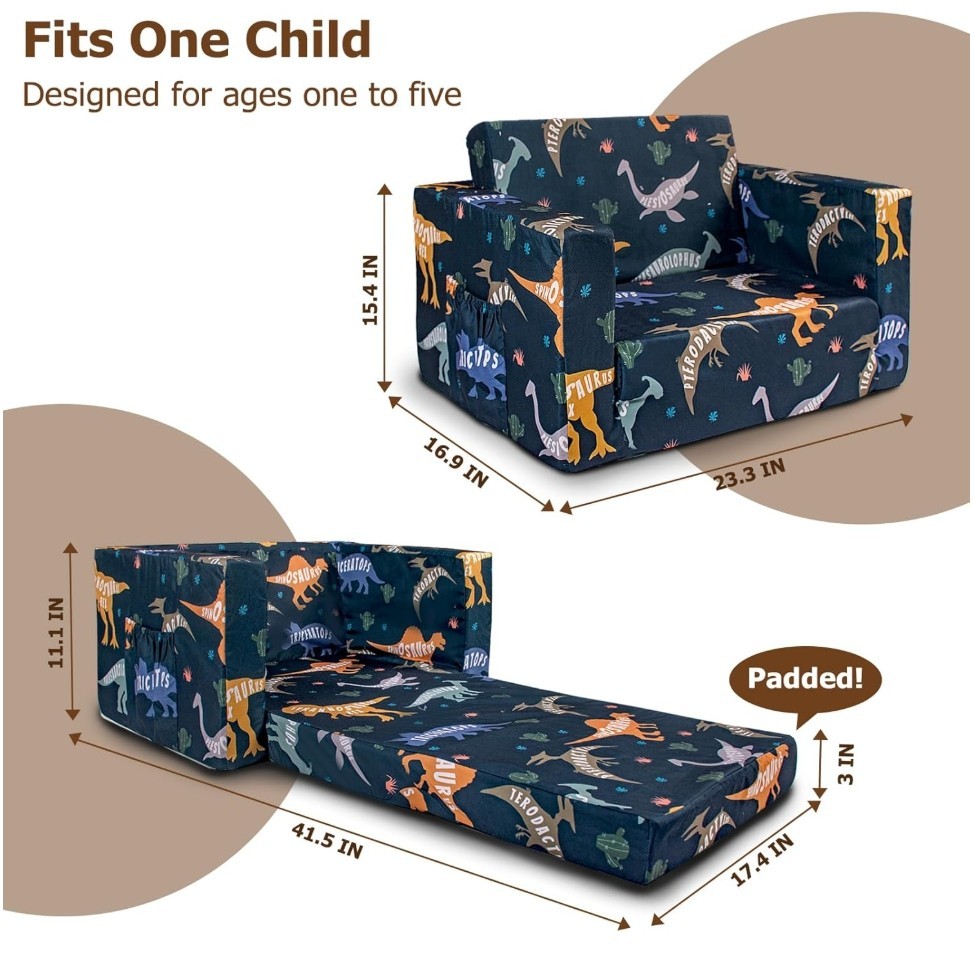 Dinosaur Blue Flip Out Chair To Lounger Couch Sofa For Kids Boys Toddlers 1-3