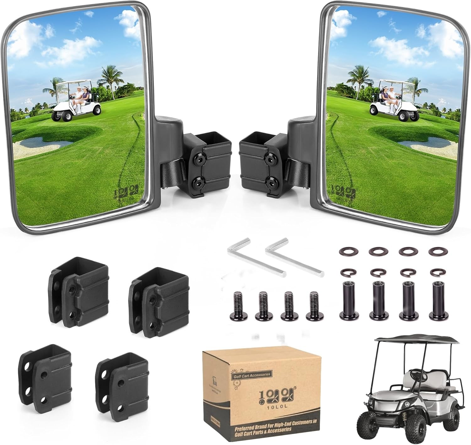 10L0L No-Drill Golf Cart Mirrors - Universal Fit for Yamaha, EZGO, Club Car | Fo
