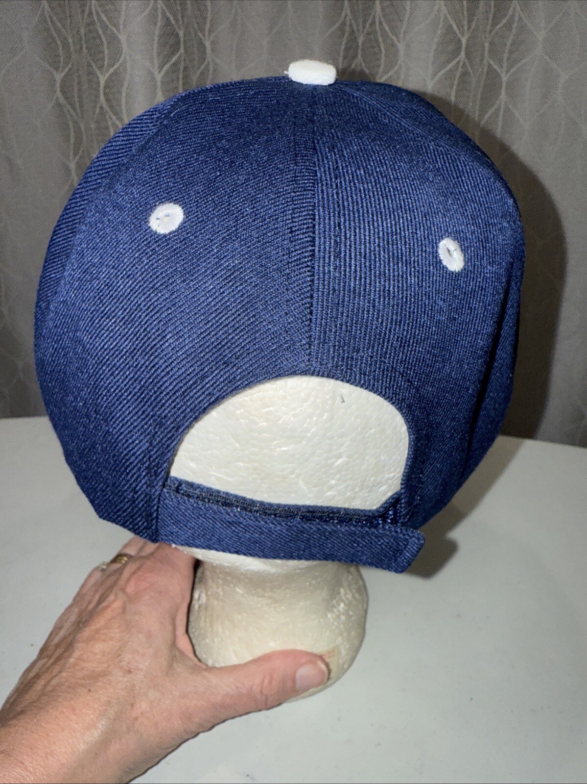 Notre Dame Interlock ND in White Silver on Navy Hat Cap Cotton Hook Loop EUC