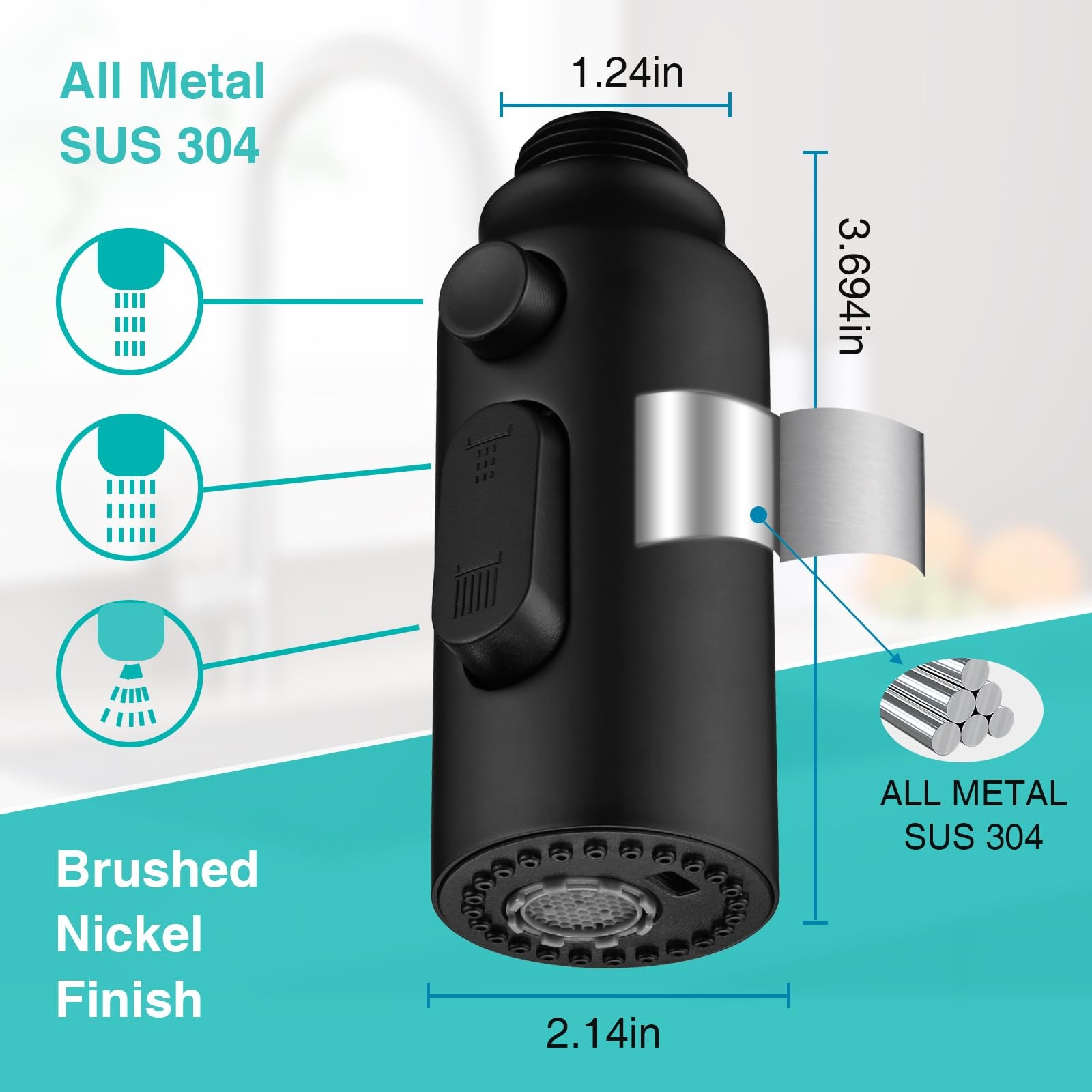 Stainless Steel Kitchen Faucet Head Replacement, Matte Black 3-Function Pull ...