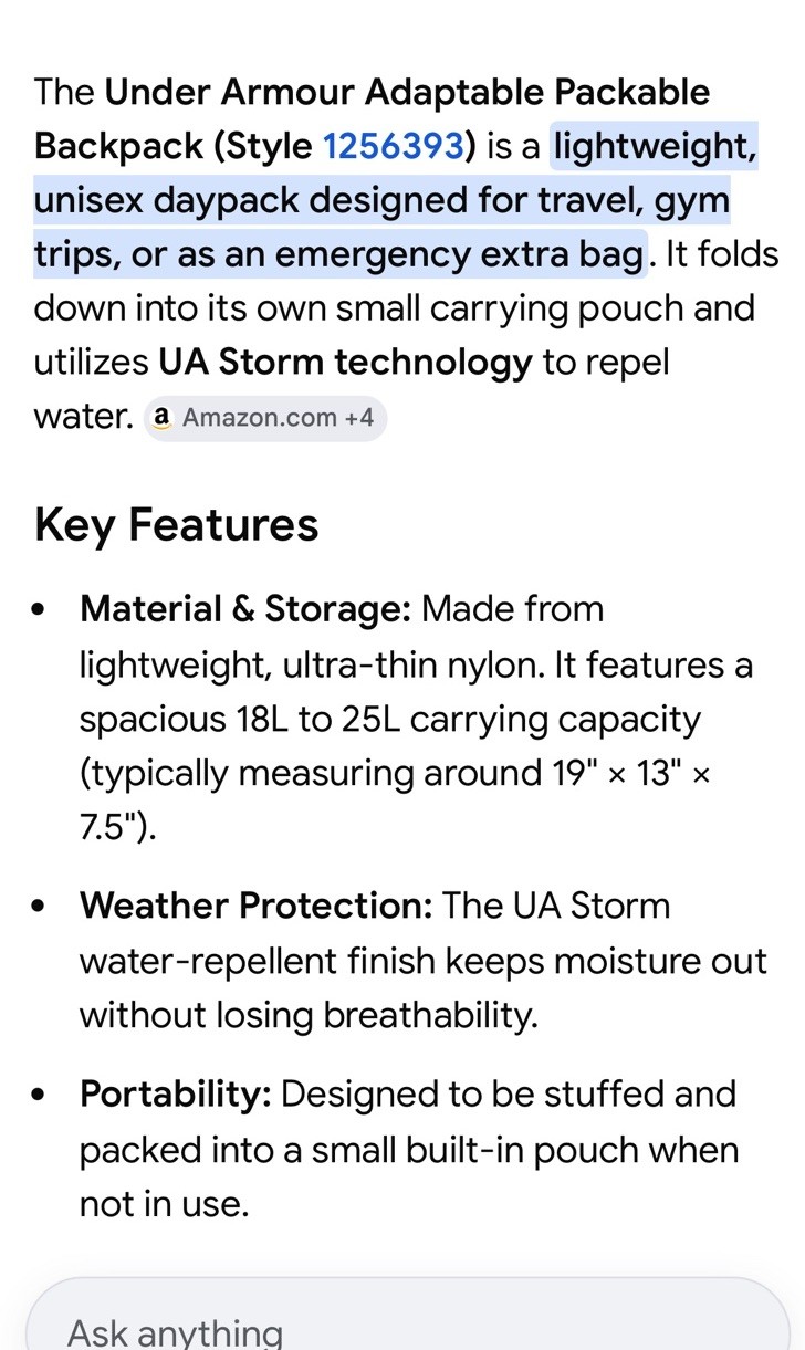 Under Armour Adaptable Packable Backpack Lightweight Zip Black Water Repellant
