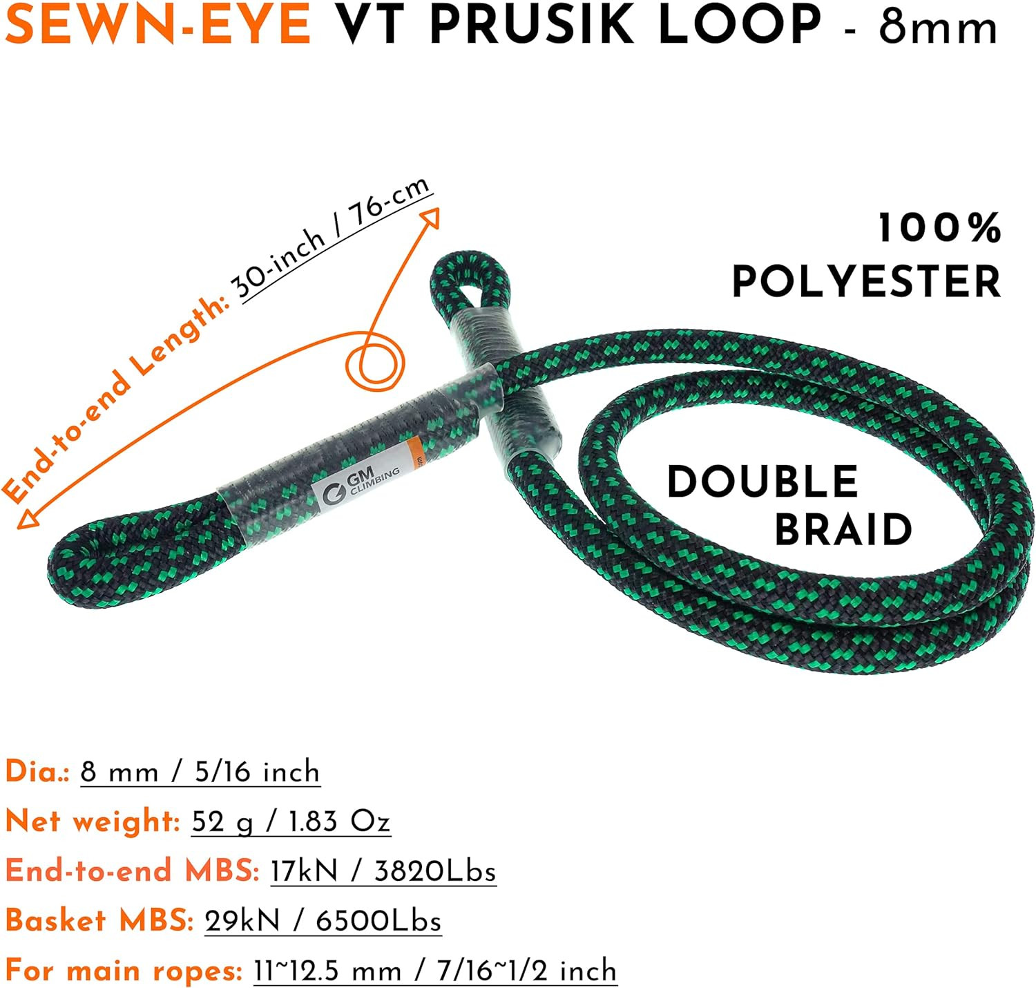 8Mm (5/16") Prusik Swen Eye-To-Eye Pre-Sewn 30 Inch / 45 Inch