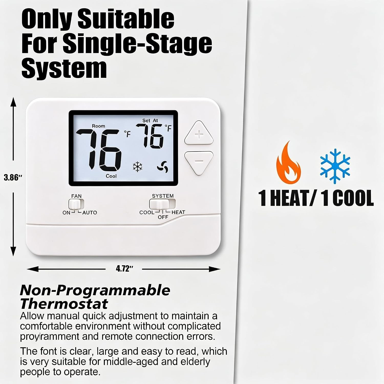 1H/1C Manual Thermostat with Backlit Display—Energy Efficient Control