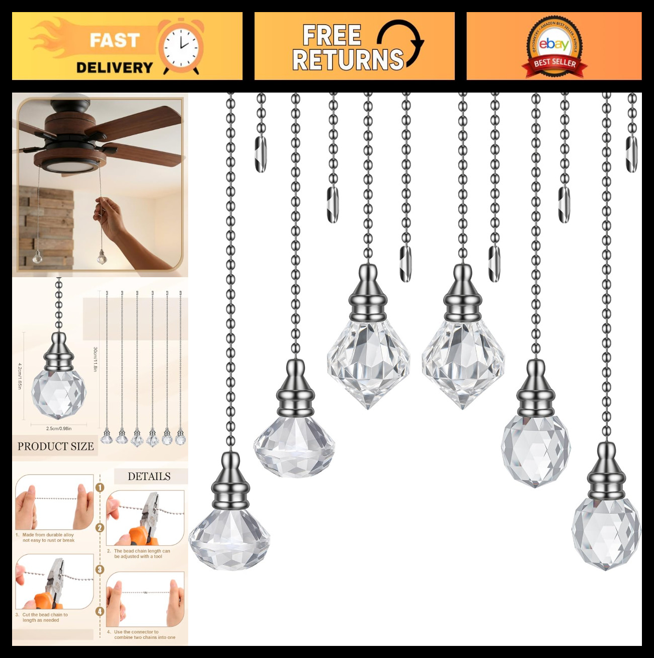 6 Pcs Crystal Ceiling Fan Pull Chain 11.8" Decorative Light Pulls & Extensions