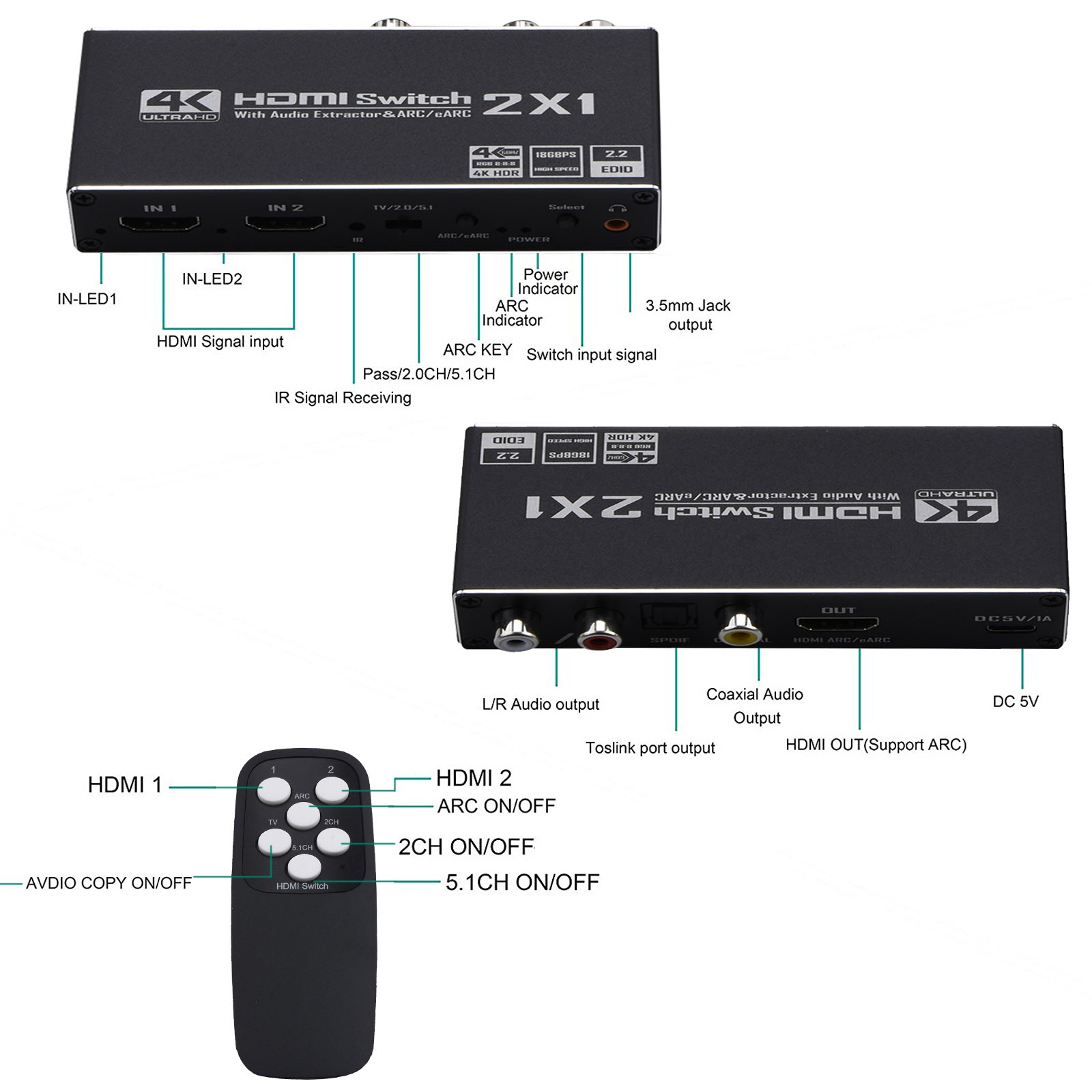 2x1 HDMI Switch Audio Extractor With R/L+Toslink Adapter Audio Switcher Selector