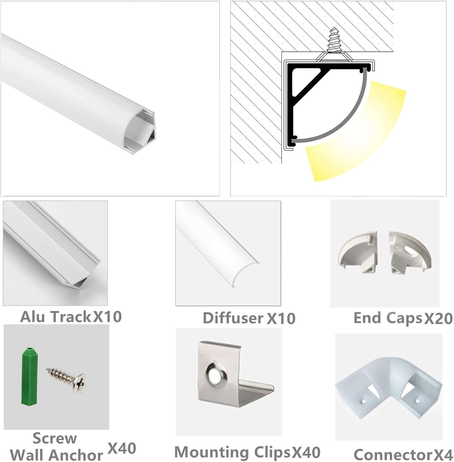 UV Resistance 6.56FT V Shape LED Strip Channel Diffuser,10-Pack Aluminum Profile