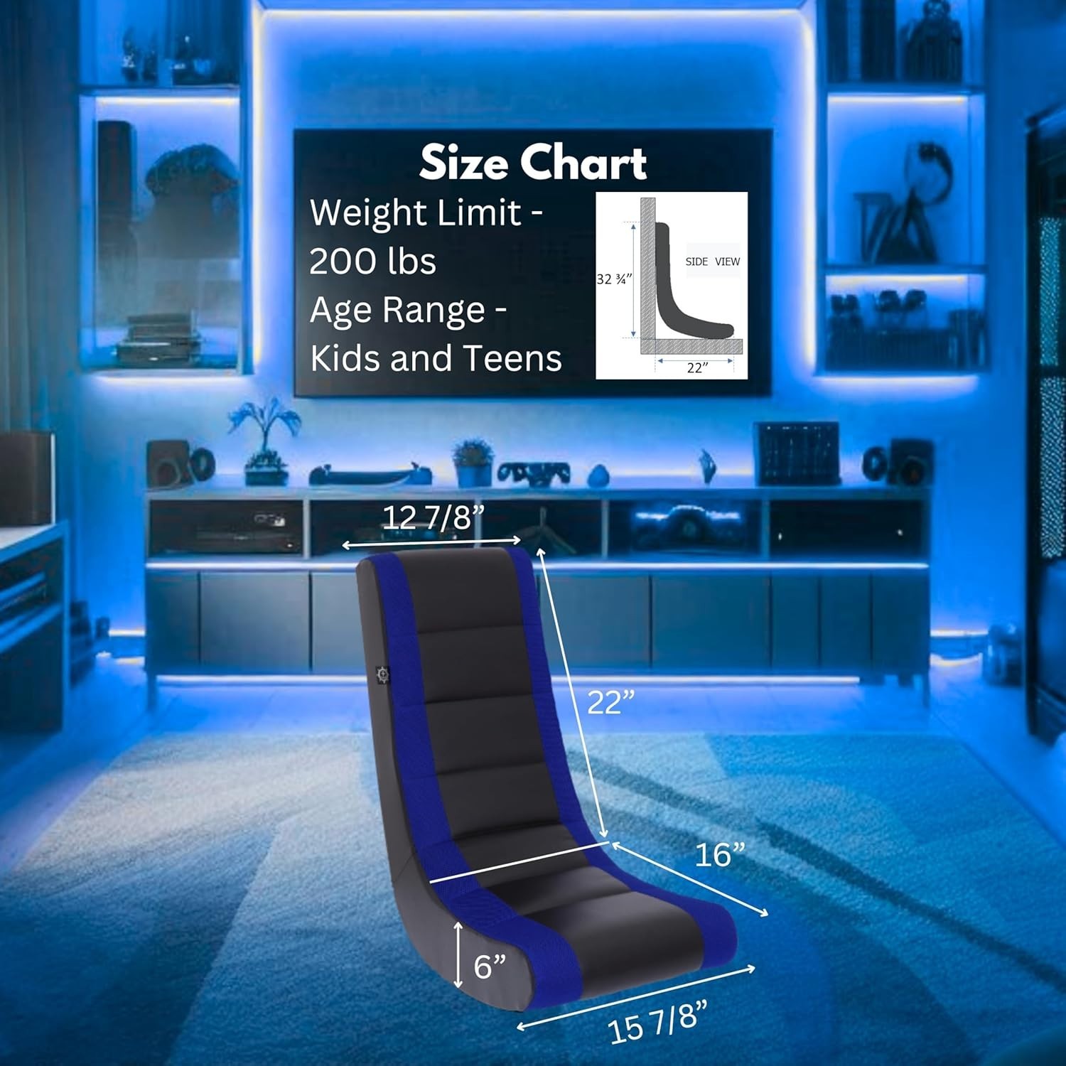 The Crew Furniture Classic Video Rocker Gaming Chair - Black/Blue - Kids/Teens