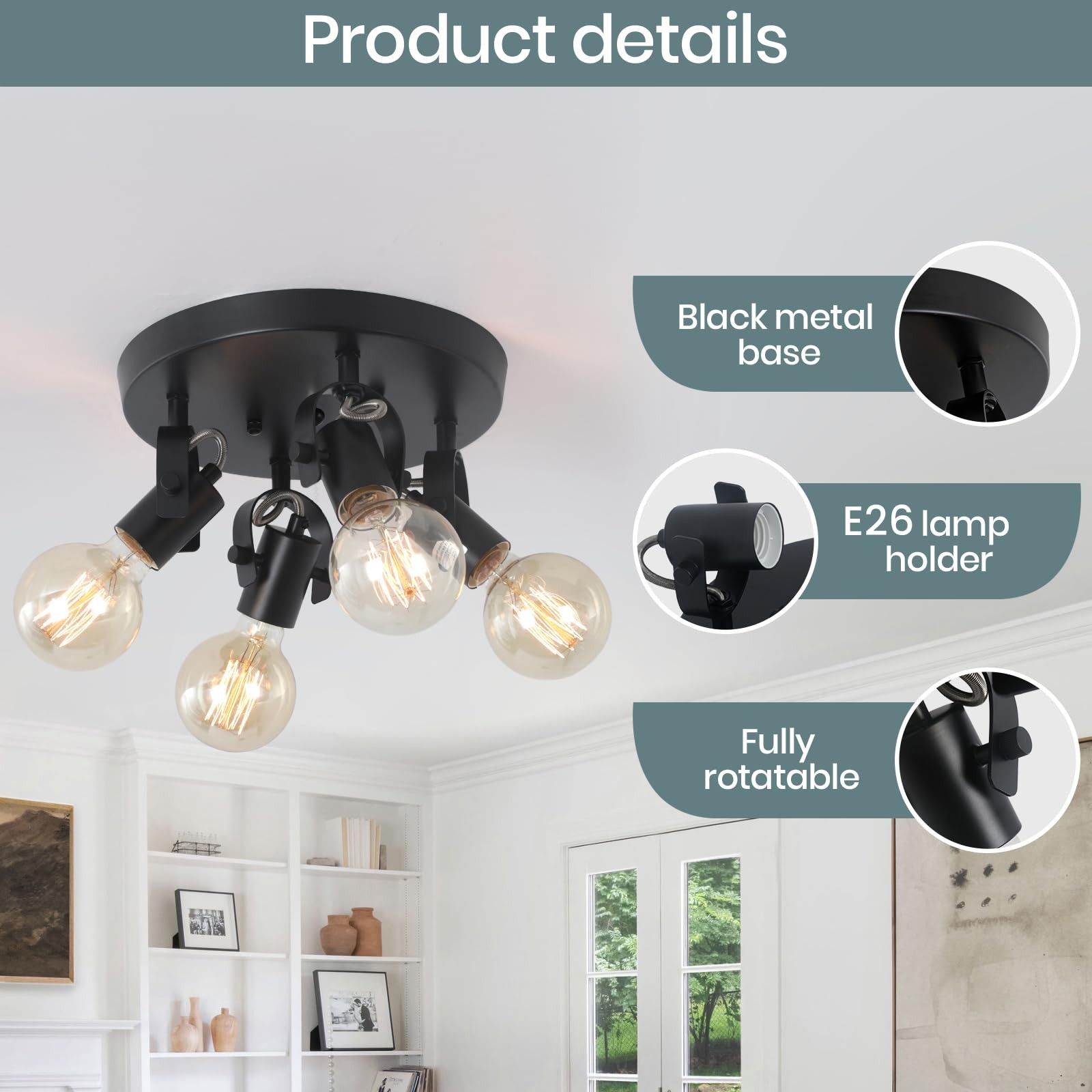 4-Light Kitchen Ceiling Spotlight，Multi-Directional Track Lighting Fixtures C...